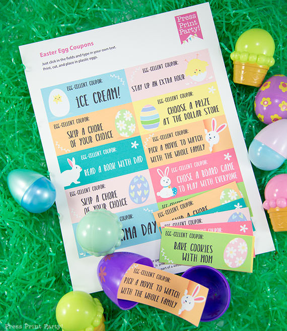 Easter egg hunt free printable coupon editable with your own text - Easter hunt ideas - Press Print Party! - full sheet of easter coupons