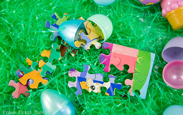 puzzle pieces in plastic eggs Press Print Party Easter egg hunt ideas and activities - non candy Easter egg filler ideas that's not junk Press Print Party!