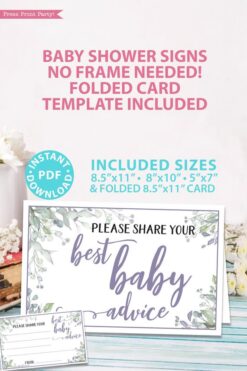 Please Share Your Best Baby Advice - Baby shower sign printable template pdf, baby shower party ideas, instant download Press Print Party! Greenery and purple design with cards.