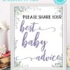 Please Share Your Best Baby Advice - Baby shower sign printable template pdf, baby shower party ideas, instant download Press Print Party! Greenery and purple design with cards.