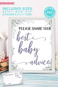 Please Share Your Best Baby Advice - Baby shower sign printable template pdf, baby shower party ideas, instant download Press Print Party! Greenery and purple design with cards.