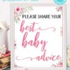 Best baby advice sign and card printable baby shower game pink flowers Press Print Party!