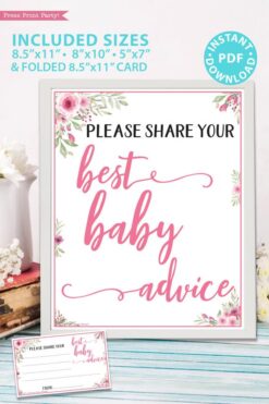 Best baby advice sign and card printable baby shower game pink flowers Press Print Party!