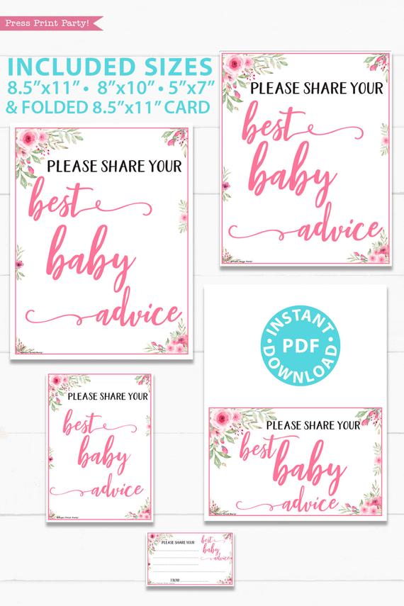 Best baby advice sign and card printable baby shower game pink flowers Press Print Party!