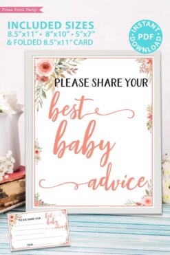 Best baby advice sign and card Printable baby shower game Peach flowers, instant download pdf Press Print Party!