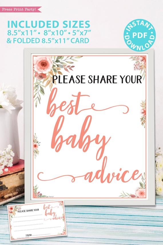 Best baby advice sign and card Printable baby shower game Peach flowers, instant download pdf Press Print Party!