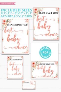 Best baby advice sign and card Printable baby shower game Peach flowers, instant download pdf Press Print Party!