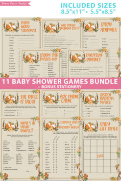woodland 11 baby shower games bundle oh baby baby shower games bundle - what is purse, nursery rhymes, mom questionnaire, disney parent match, celebrity baby, candy bar match up, baby word scramble, gift bingo, baby animals, abc name game.Press Print Party!