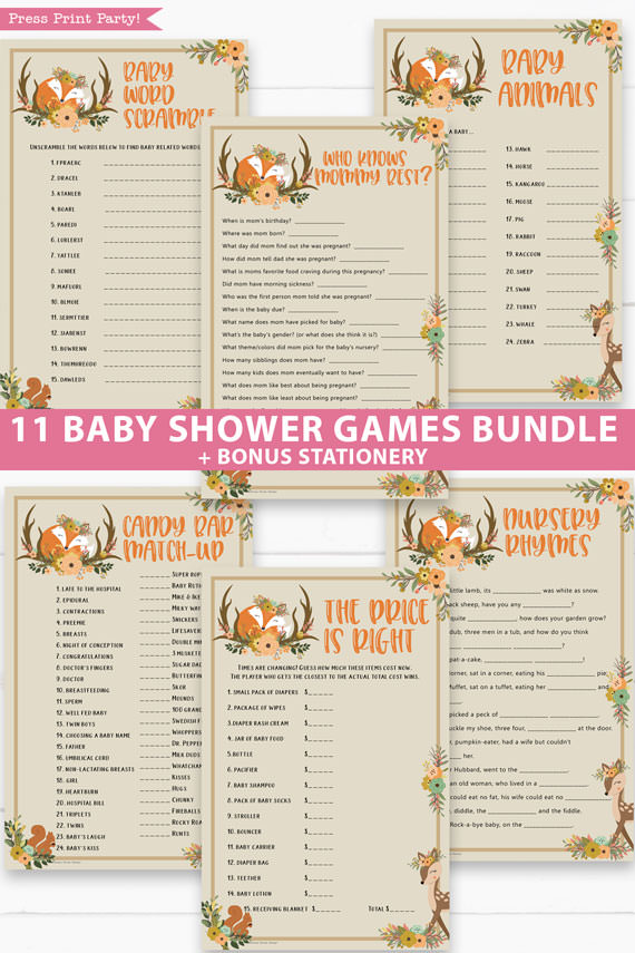 woodland 11 baby shower games bundle oh baby baby shower games bundle - what is purse, nursery rhymes, mom questionnaire, disney parent match, celebrity baby, candy bar match up, baby word scramble, gift bingo, baby animals, abc name game.Press Print Party!