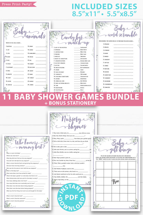 greenery and purple 11 baby shower games bundle oh baby baby shower games bundle - what is purse, nursery rhymes, mom questionnaire, disney parent match, celebrity baby, candy bar match up, baby word scramble, gift bingo, baby animals, abc name game.Press Print Party!