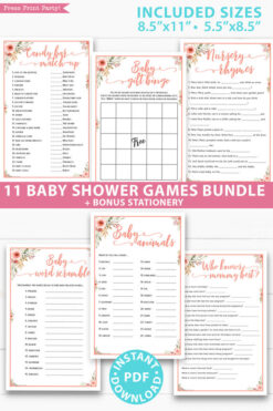 peach flowers 11 baby shower games bundle oh baby baby shower games bundle - what is purse, nursery rhymes, mom questionnaire, disney parent match, celebrity baby, candy bar match up, baby word scramble, gift bingo, baby animals, abc name game.Press Print Party!