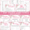 pink flowers 11 baby shower games bundle oh baby baby shower games bundle - what is purse, nursery rhymes, mom questionnaire, disney parent match, celebrity baby, candy bar match up, baby word scramble, gift bingo, baby animals, abc name game.Press Print Party!