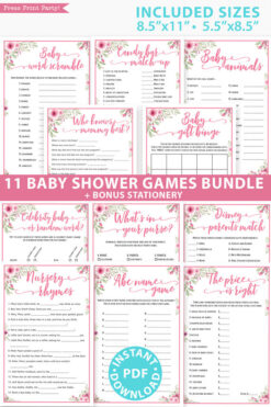 pink flowers 11 baby shower games bundle oh baby baby shower games bundle - what is purse, nursery rhymes, mom questionnaire, disney parent match, celebrity baby, candy bar match up, baby word scramble, gift bingo, baby animals, abc name game.Press Print Party!