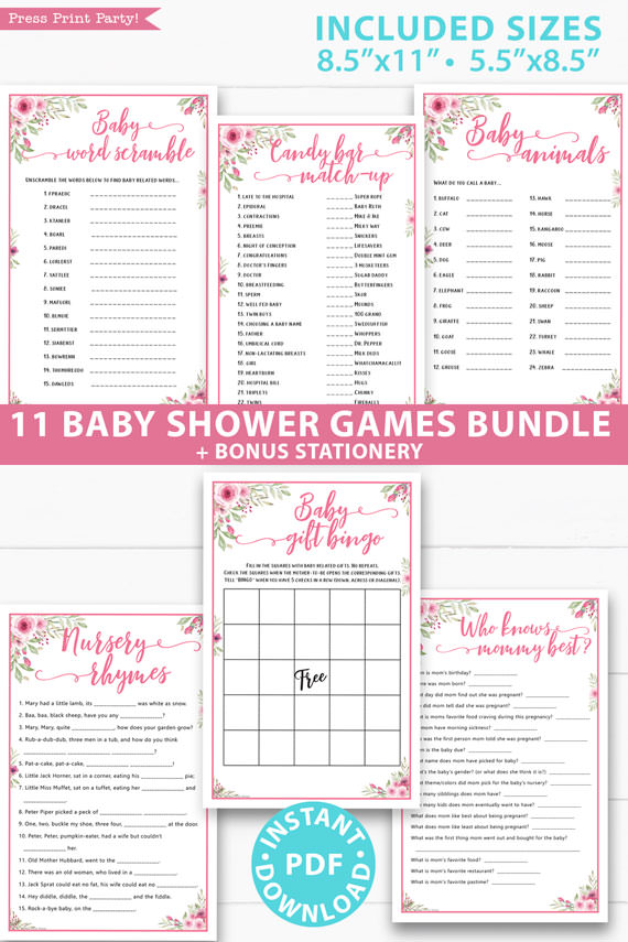 pink flowers 11 baby shower games bundle oh baby baby shower games bundle - what is purse, nursery rhymes, mom questionnaire, disney parent match, celebrity baby, candy bar match up, baby word scramble, gift bingo, baby animals, abc name game.Press Print Party!