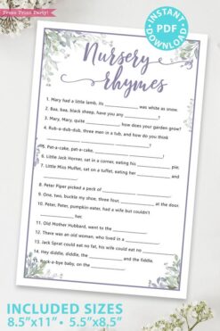 Nursery Rhymes - Baby shower game printable template pdf, baby shower party ideas, instant download Press Print Party! Greenery and purple design