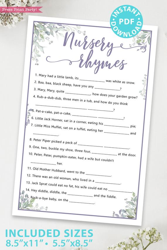 Nursery Rhymes - Baby shower game printable template pdf, baby shower party ideas, instant download Press Print Party! Greenery and purple design