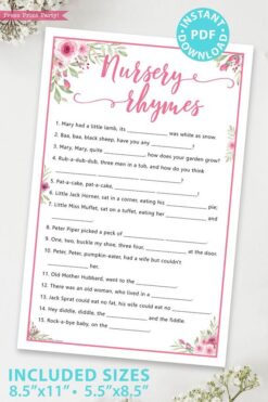 Nursery rhymes printable baby shower game pink flowers Press Print Party!