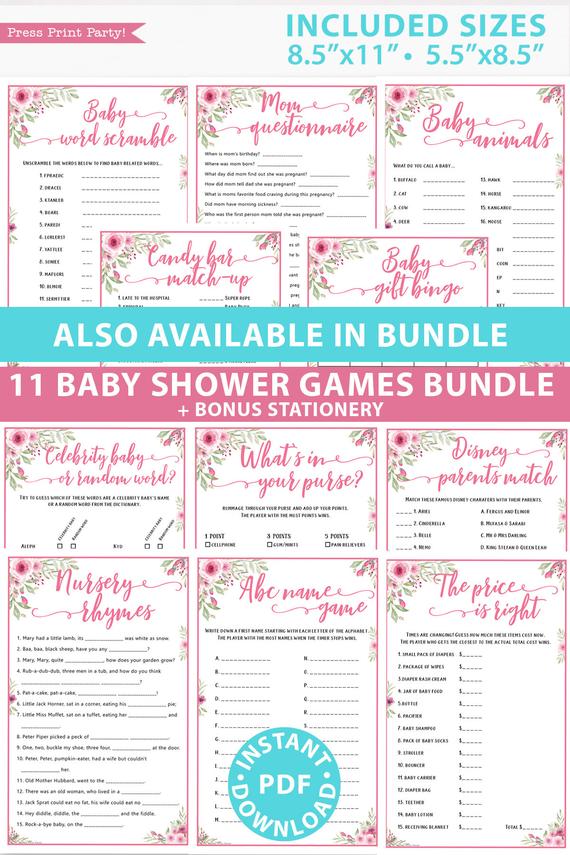 Pink flowers 11 baby shower games bundle oh baby baby shower games