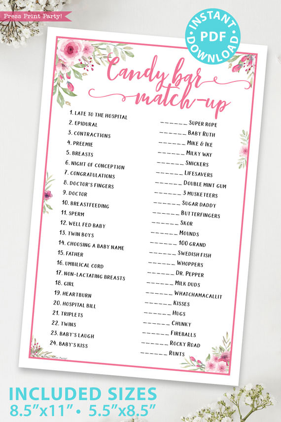 Candy Bar Match-up Baby Shower Game, Pink Flowers - Press Print Party!