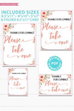 Please take one sign for favors Printable baby shower game Peach flowers, instant download pdf Press Print Party!