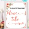 Please take one sign for favors Printable baby shower game Peach flowers, instant download pdf Press Print Party!