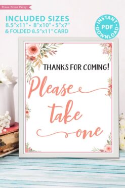 Please take one sign for favors Printable baby shower game Peach flowers, instant download pdf Press Print Party!