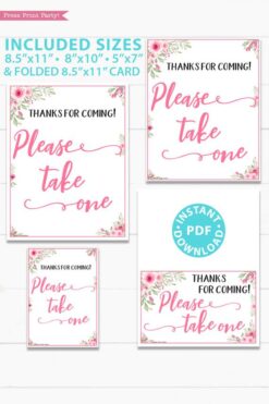 Please take one sign printable baby shower game pink flowers Press Print Party!