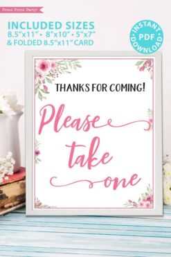 Please take one sign printable baby shower game pink flowers Press Print Party!