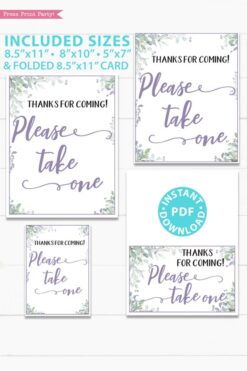 Please Take One - Baby shower sign printable template pdf, baby shower party ideas, instant download Press Print Party! Greenery and purple design