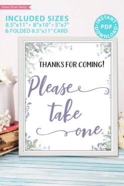 Please Take One - Baby shower sign printable template pdf, baby shower party ideas, instant download Press Print Party! Greenery and purple design