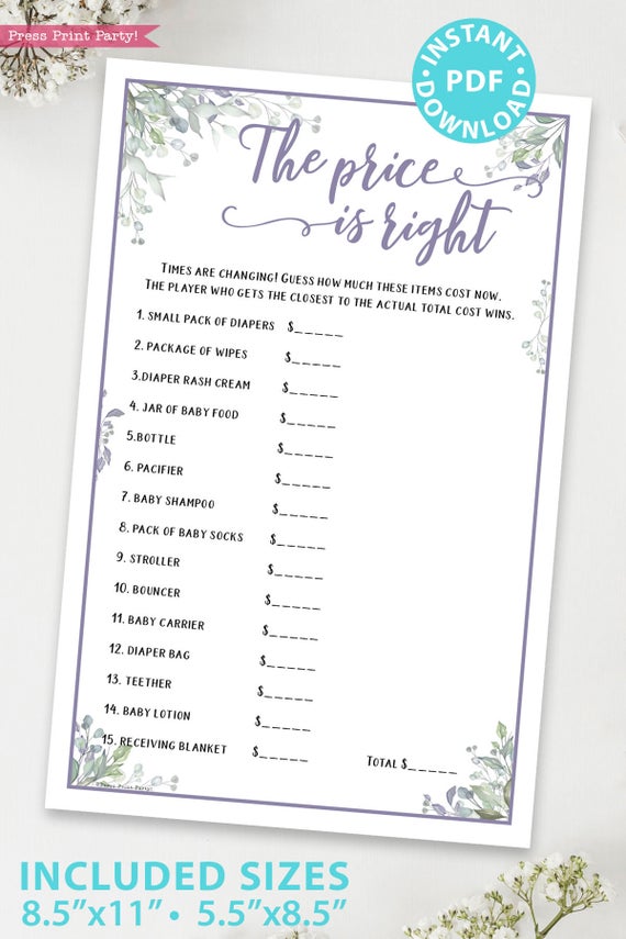 The Price is Right - Baby shower game printable template pdf, baby shower party ideas, instant download Press Print Party! Greenery and purple design
