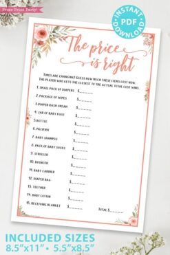 The price is right Printable baby shower game Peach flowers, instant download pdf Press Print Party!