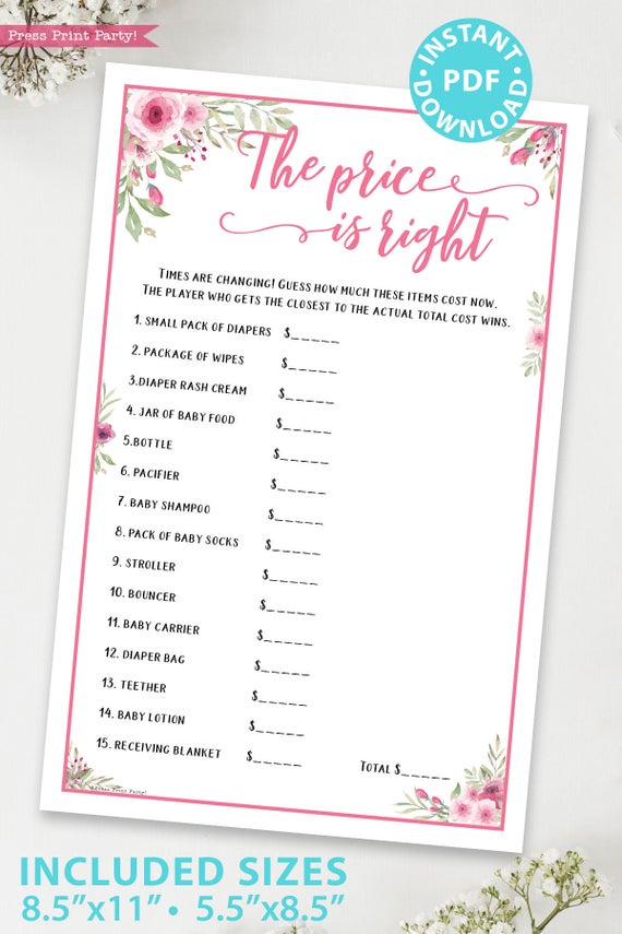 the price is right game printable baby shower game pink flowers Press Print Party!