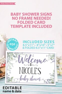 Welcome to baby shower sign - Baby shower sign printable template pdf, baby shower party ideas, instant download Press Print Party! Greenery and purple design