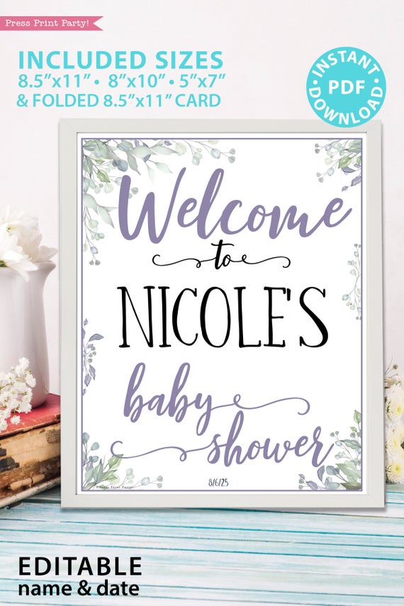 Welcome to baby shower sign - Baby shower sign printable template pdf, baby shower party ideas, instant download Press Print Party! Greenery and purple design