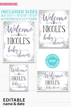 Welcome to baby shower sign - Baby shower sign printable template pdf, baby shower party ideas, instant download Press Print Party! Greenery and purple design