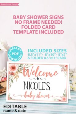 welcome to the baby shower editable with name Printable baby shower game Peach flowers, instant download pdf Press Print Party!