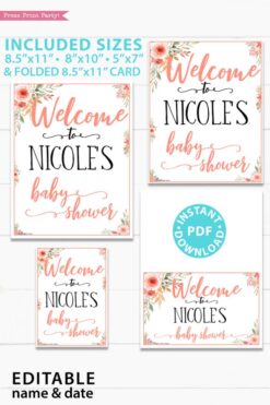 welcome to the baby shower editable with name Printable baby shower game Peach flowers, instant download pdf Press Print Party!