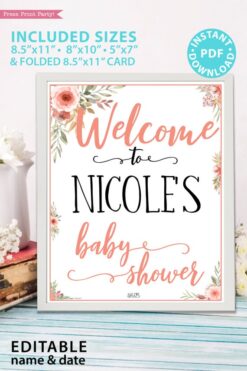 welcome to the baby shower editable with name Printable baby shower game Peach flowers, instant download pdf Press Print Party!