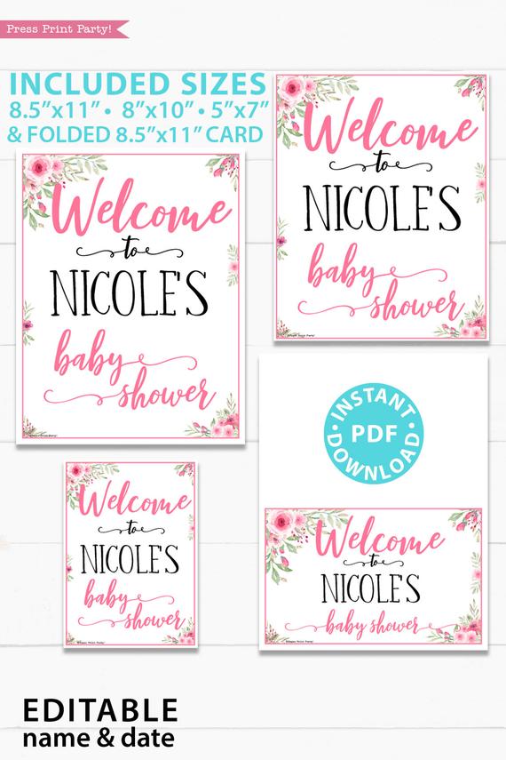 welcome to baby shower sign printable baby shower game pink flowers Press Print Party!