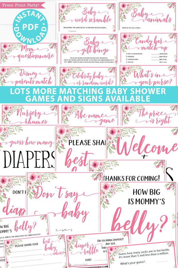 Lots more matching baby shower games and signs available pink flowers Press Print Party!