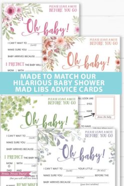 Made to match our hilarious baby shower mad libs advice cards