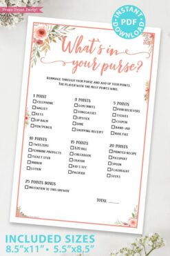 What's in your purse Printable baby shower game Peach flowers, instant download pdf Press Print Party!