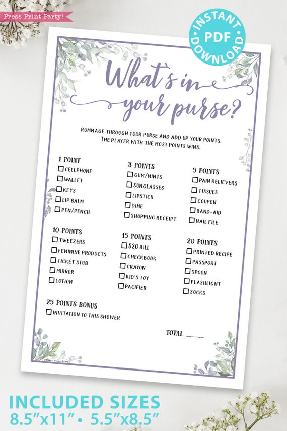 Baby shower game printable template pdf, whats in your purse, baby shower party ideas, instant download Press Print Party! Greenery and purple design