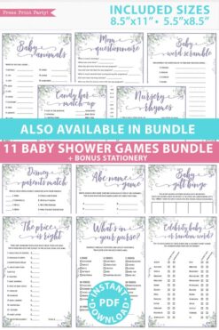 greenery and purple 11 baby shower games bundle oh baby baby shower games bundle - what is purse, nursery rhymes, mom questionnaire, disney parent match, celebrity baby, candy bar match up, baby word scramble, gift bingo, baby animals, abc name game.Press Print Party!