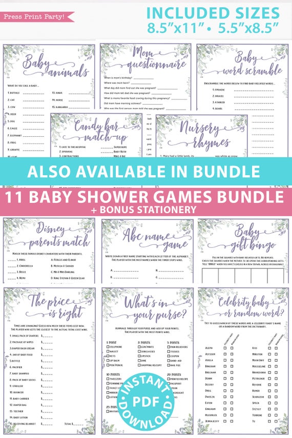 greenery and purple 11 baby shower games bundle oh baby baby shower games bundle - what is purse, nursery rhymes, mom questionnaire, disney parent match, celebrity baby, candy bar match up, baby word scramble, gift bingo, baby animals, abc name game.Press Print Party!