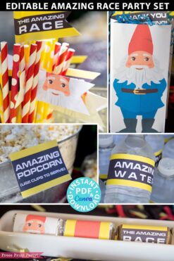 The amazing race party printables decorations, clue cards, invitation, banner, cupcake wraps, chocolate wraps, party hat route marker. How to plan an amazing race party. Amazing race challenges. Amazing race clue cards - clue envelope labels - team badges - pit stop - u-turn - Press Print Party!