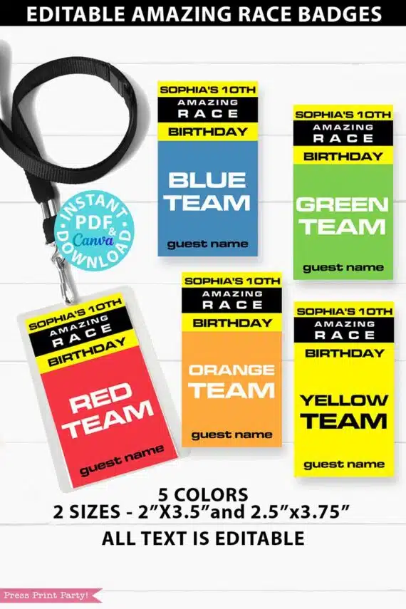 The amazing race badges - id badges for teams - amazing race game challenges - In 5 colors and 2 sizes, all text is editable. Edit in pdf or canva - press print party.