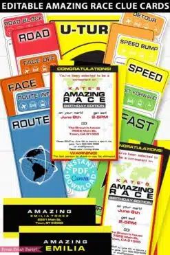 The amazing race party printables decorations, clue cards, invitation, banner, cupcake wraps, chocolate wraps, party hat route marker. How to plan an amazing race party. Amazing race challenges. Amazing race clue cards - team badges - pit stop - u-turn - Press Print Party!