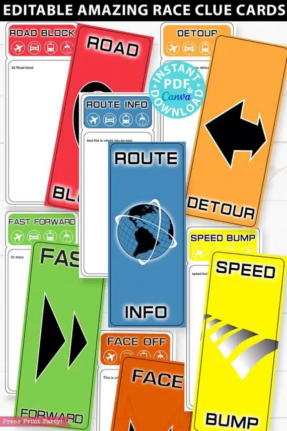 The amazing race party printables decorations, amazing race clue cards, invitation, banner, cupcake wraps, chocolate wraps, party hat route marker. How to plan an amazing race party. Amazing race challenges. Amazing race clue cards - team badges - pit stop - u-turn - Press Print Party!